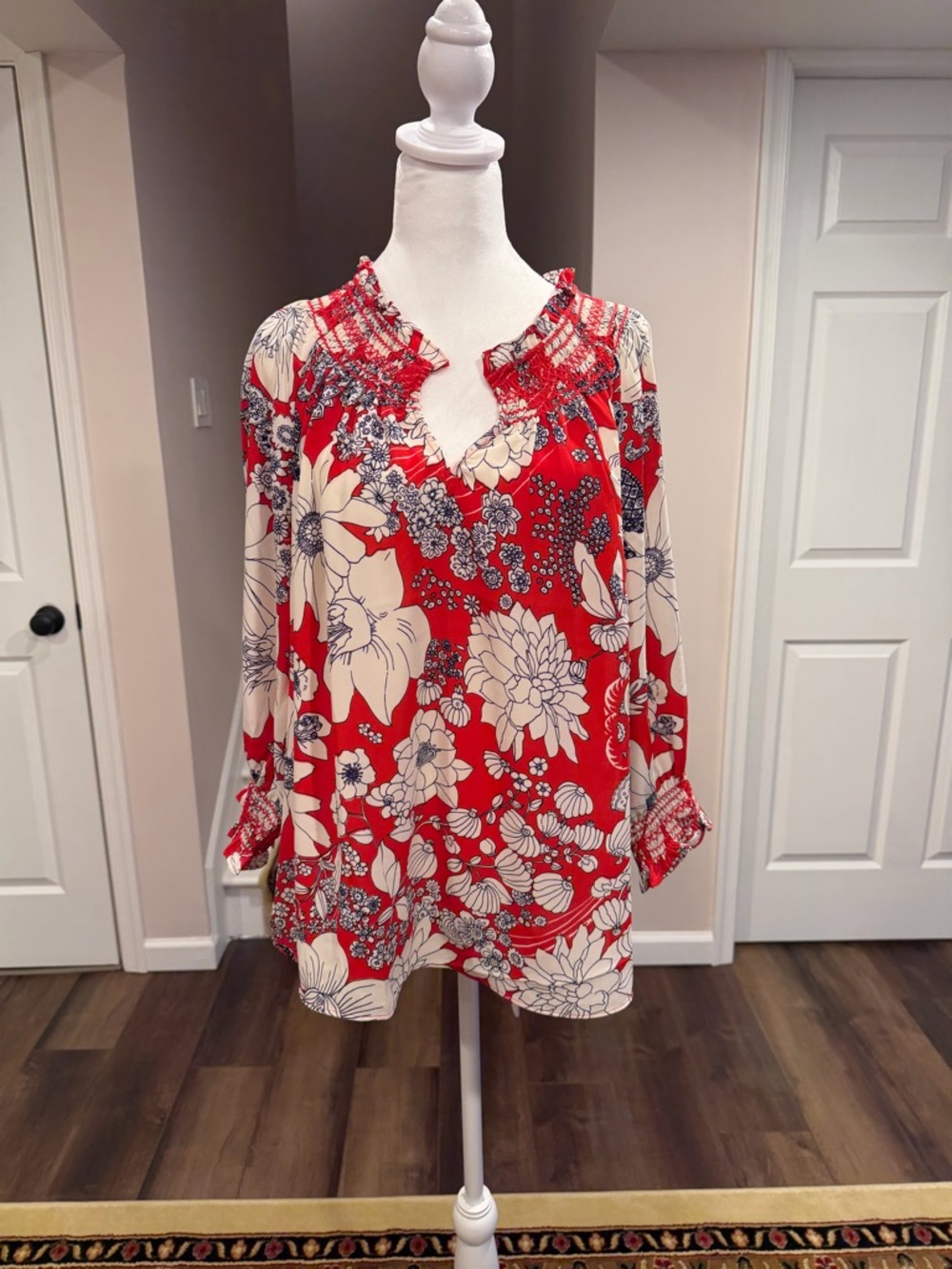 Talbots Red Floral Smocked Neck Tunic